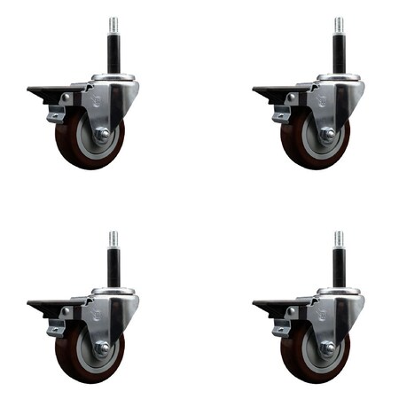 Service Caster 3.5'' Maroon Poly Swivel 3/4'' Expanding Stem Caster Set with Brake, 4PK SCC-EX20S3514-PPUB-MRN-PLB-34-4